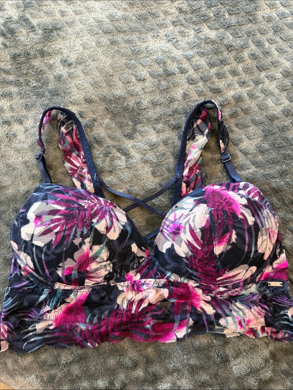 PINK Victoria's Secret Floral Lace Longline Bralette in Pink and Navy